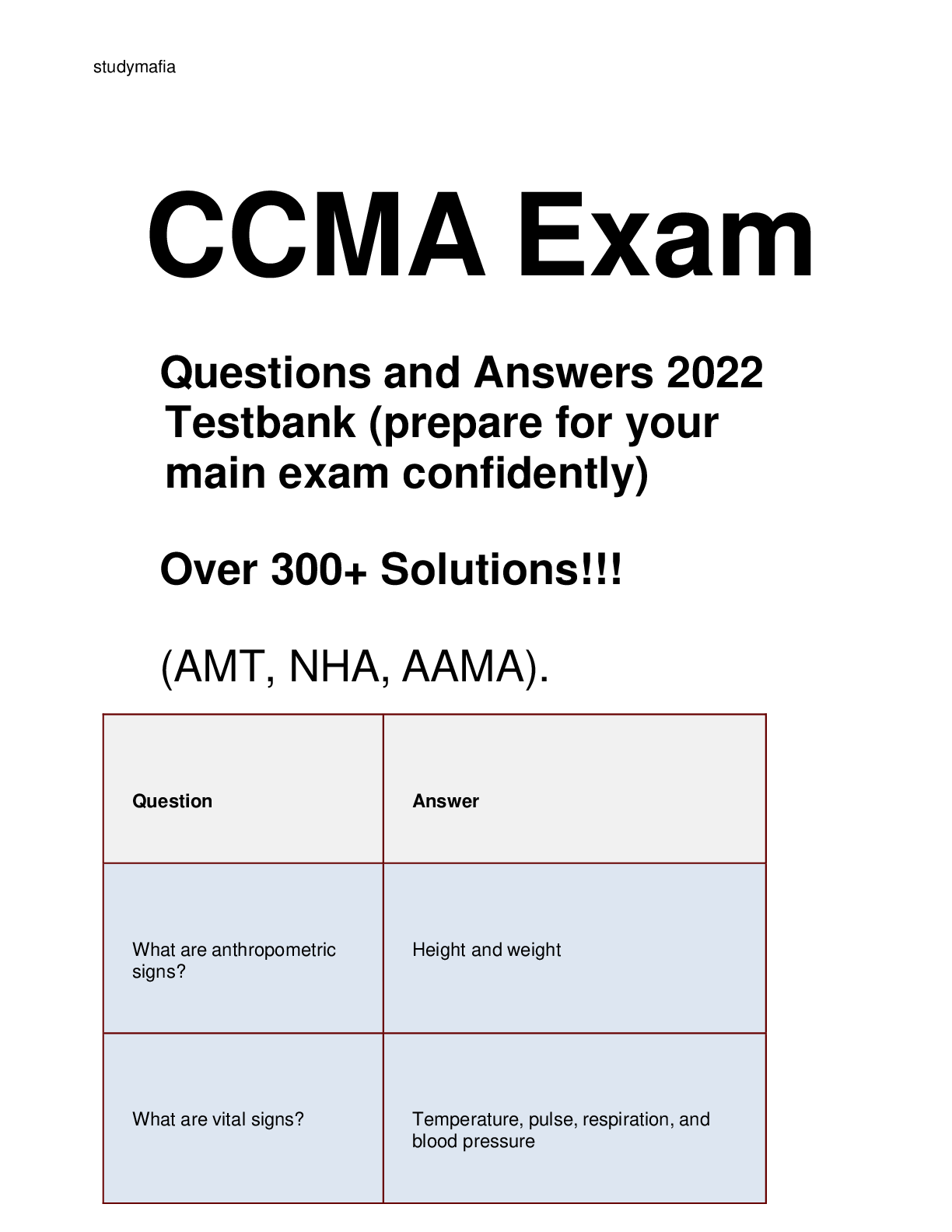 Preview image for CCMA Exam Questions and Answers 2022 Testbank (prepare for your main exam confidently) Over 300+ Solutions!!!